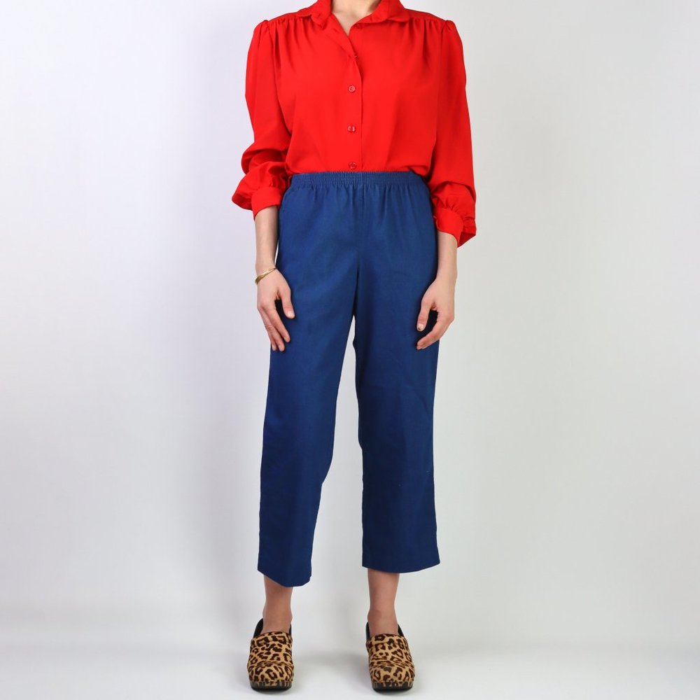 Cropped Wide Leg Indigo Chambray Elastic High Waist Pants Sz M Boxy Relaxed Fit